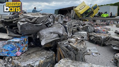 Kocaeli’de tır yan yattı, ortalık savaş alanına döndü