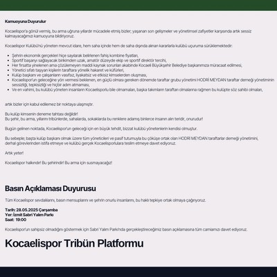 Kocaelispor tribün platformu’ndan yeni istifa çağrısı