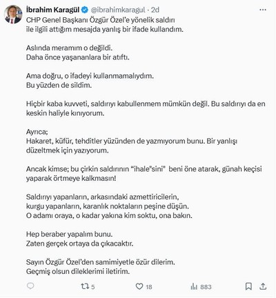 Çirkin paylaşımı, tepki çekmişti, Yeni Şafak yazarı, Özel'den özür diledi!