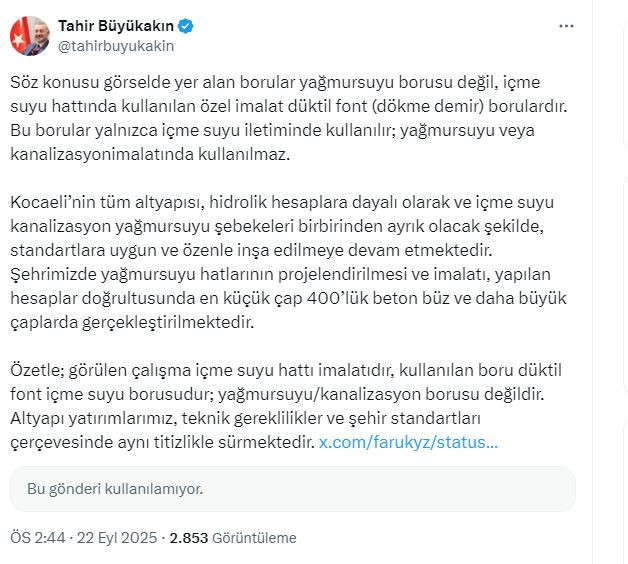 Büyükşehiri şikâyet ettiği paylaşıma Büyükakın cevap verince hesabını kapattı!