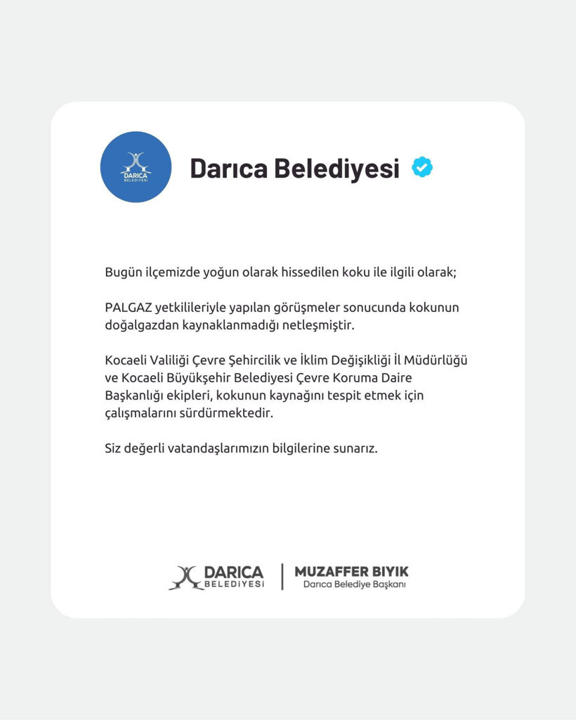 Darıca Belediyesi’nden gaz kokusu açıklaması