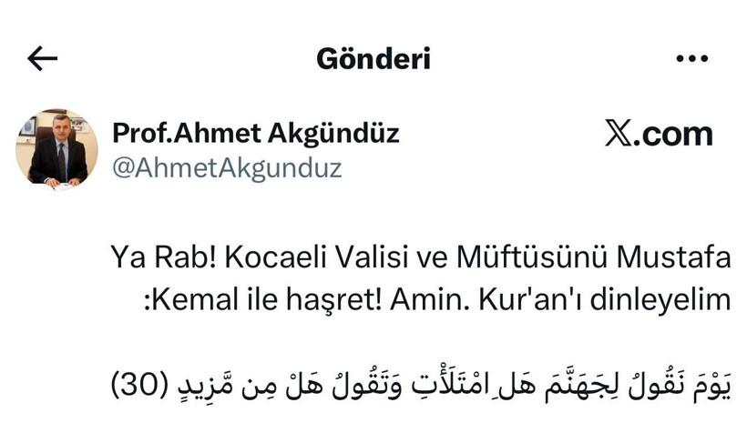İslamcı profesörden Kocaeli Valisi ve Müftüsüne beddua!