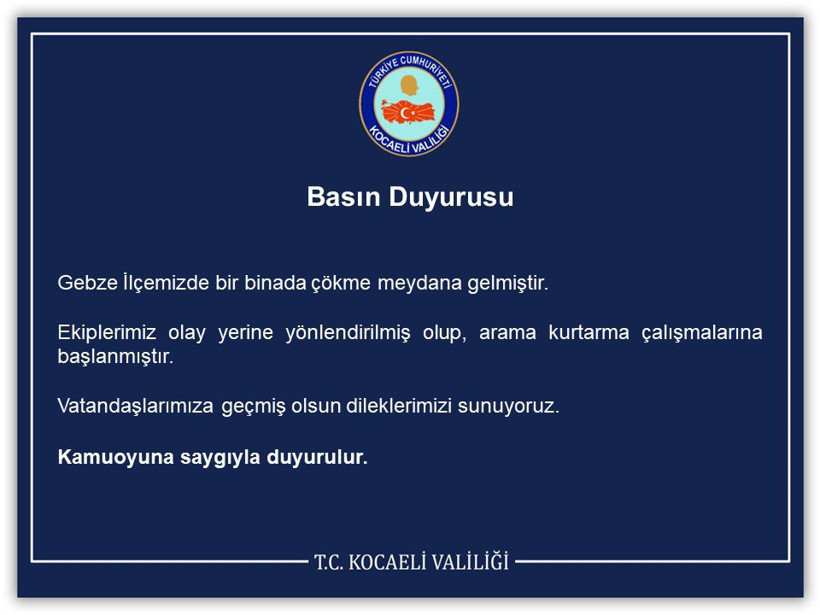 Kocaeli Valiliği’nden Gebze’de çöken binayla ilgili açıklama