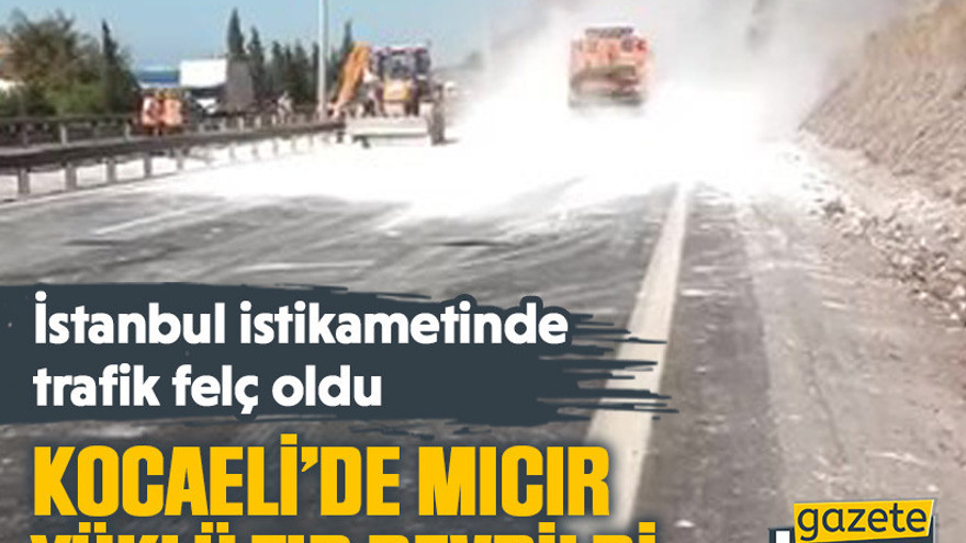 Kocaeli’de mıcır yüklü tır devrildi, İstanbul istikametinde trafik felç oldu